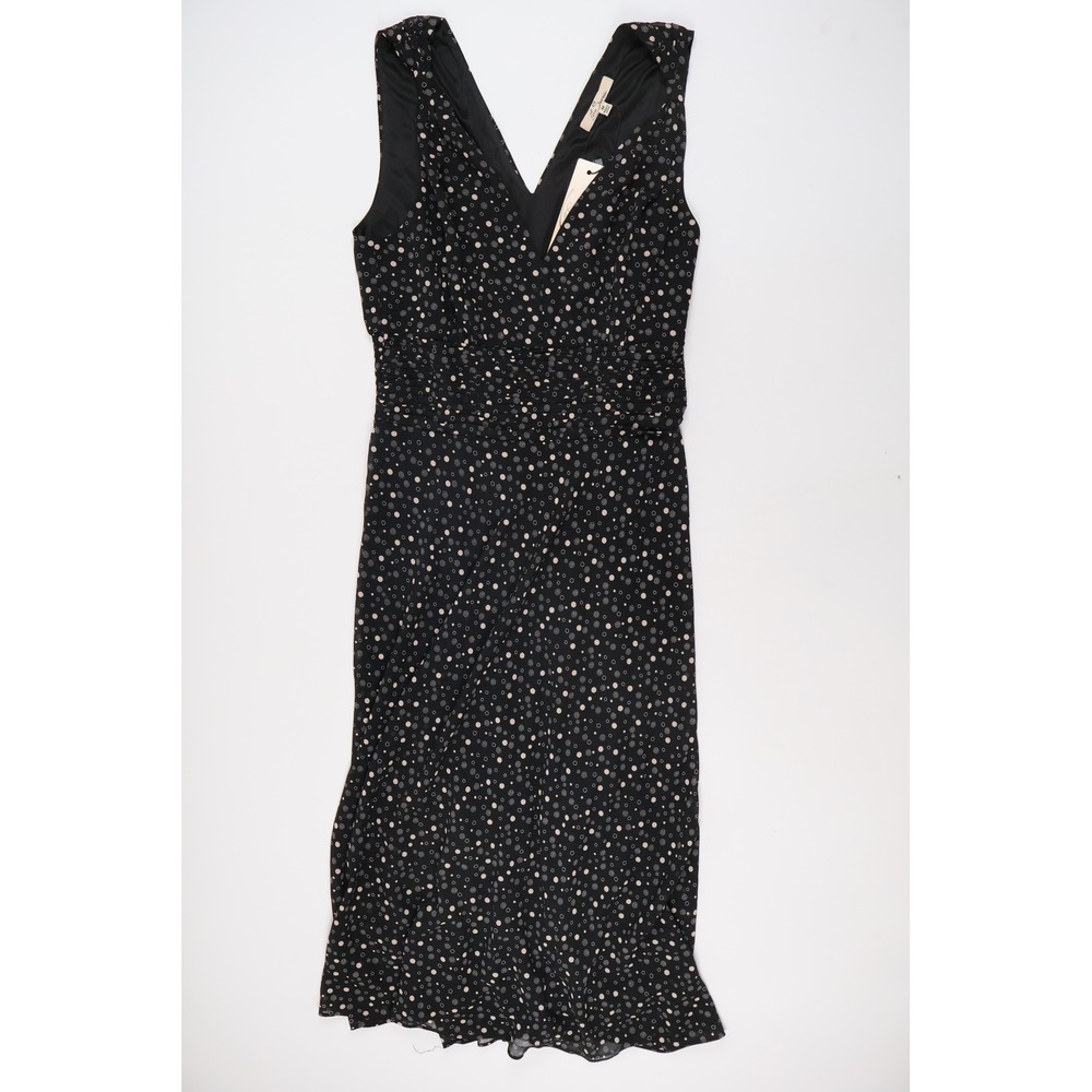 Les Serein Polka Dot V-Neck Smocked Midi Dress Black Pink Medium NWT
